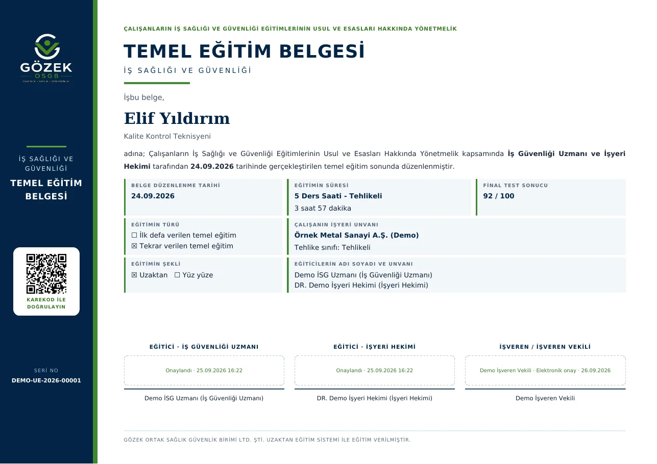 E-imzalı online İSG eğitimi sertifikası